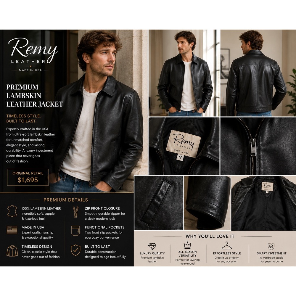 Remy Leather Mens Black Lambskin Leather Jacket Made in USA Size Medium Luxury